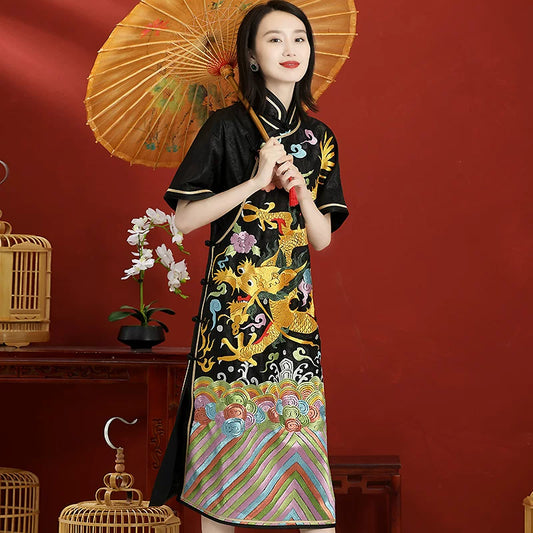 Custom Chinese Style Qipao Dress, Loose Hand‑Embroidered Dragon, Black