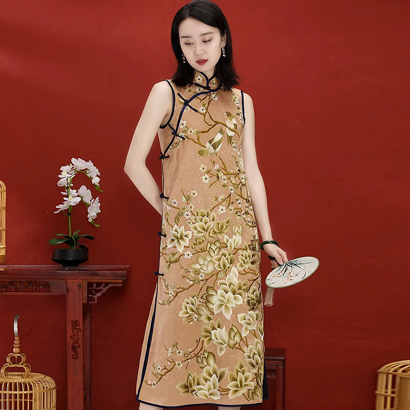 Modern Chinese Long Dress with Jade Orchid Embroidered Mandarin Collar