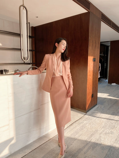 Elegant Spring Autumn Fuchsia Slim-Fit Jacket & Hip-Accented Skirt Set