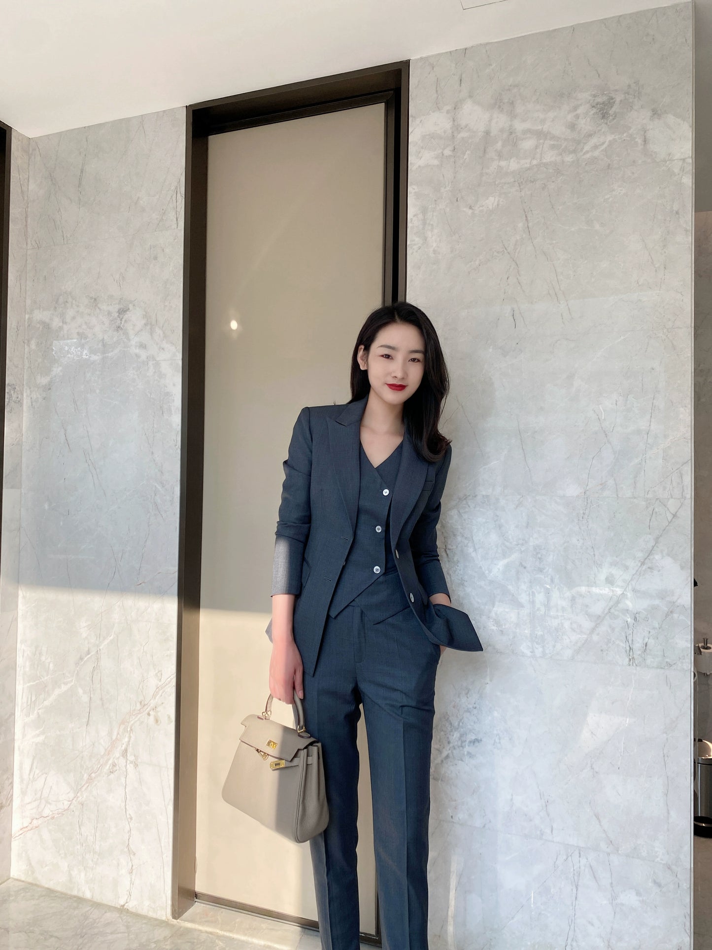 Women's Dark Grey Spring Autumn 3-Piece Suit Vest & Trousers