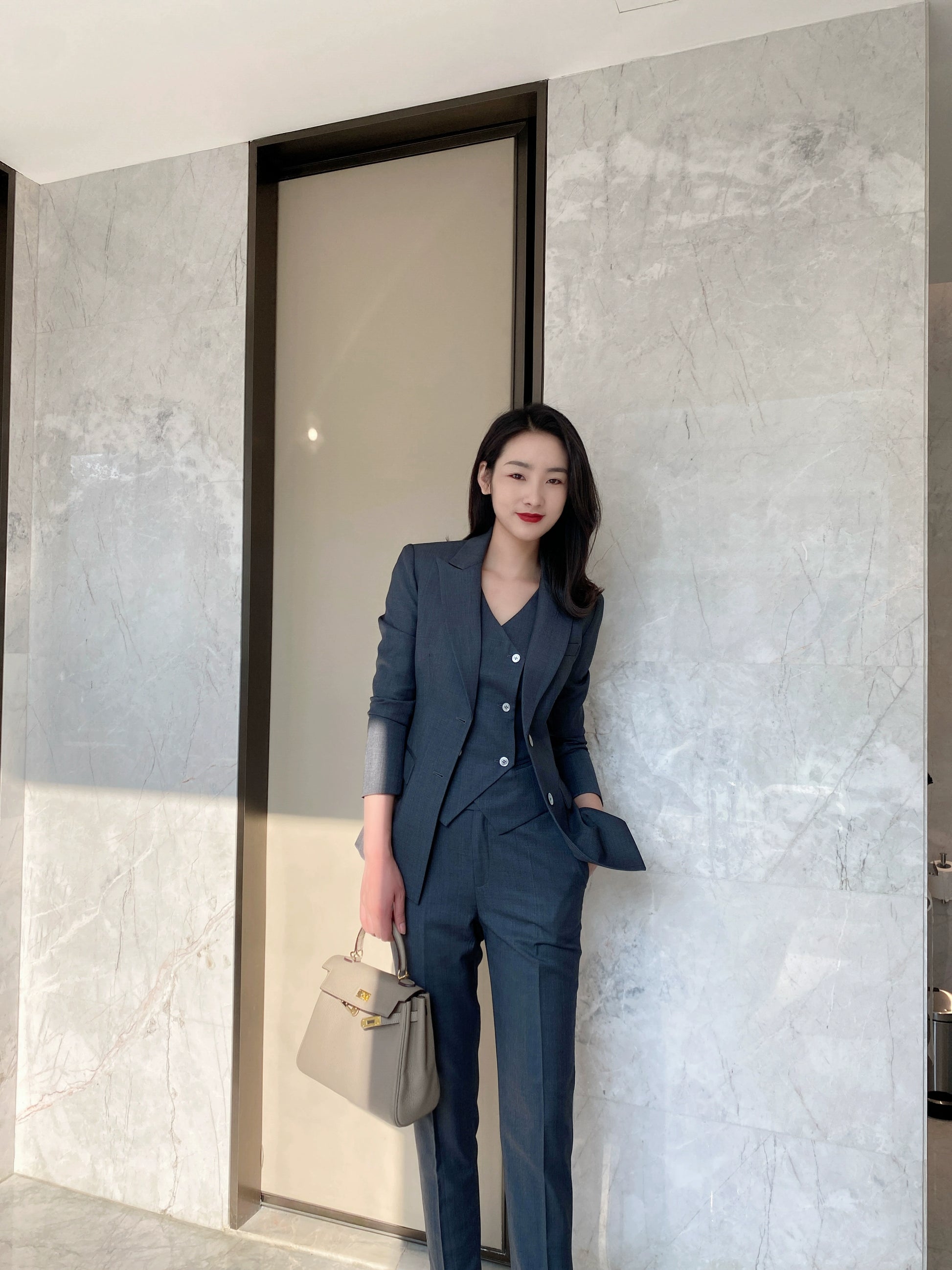 Women's Dark Grey Spring Autumn 3-Piece Suit Vest & Trousers