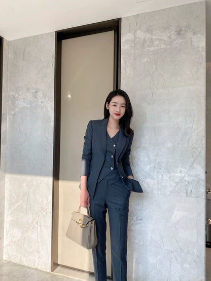 Women's Dark Grey Spring Autumn 3-Piece Suit Vest & Trousers