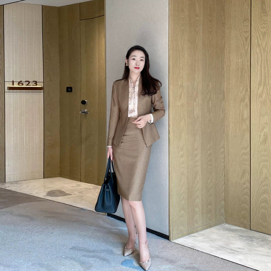 Elegant Autumn Coffee-Colored Classic Women's Suit with Fitted Skirt