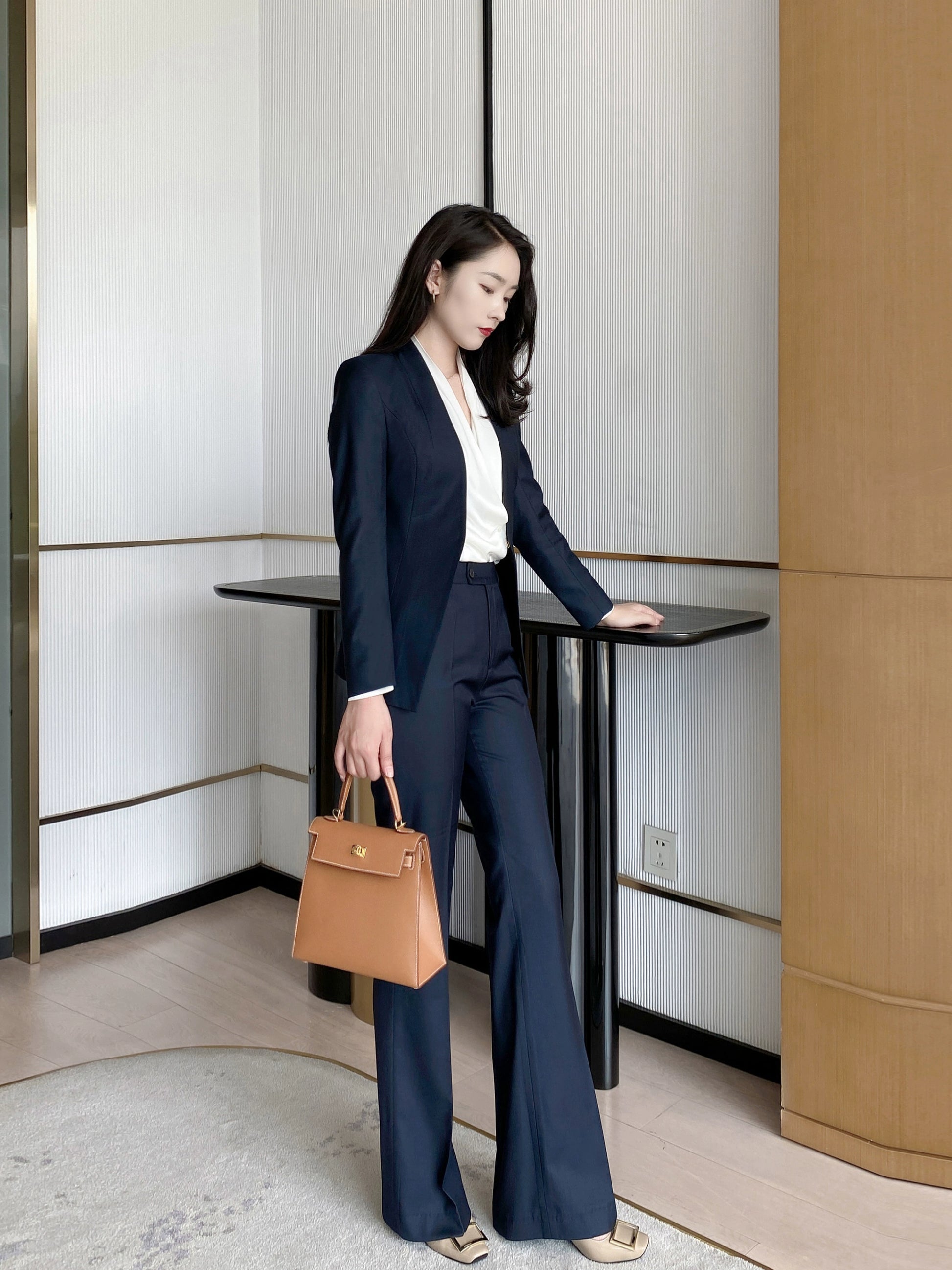 Women's Black Autumn Wool Suit Set with Flared Trousers