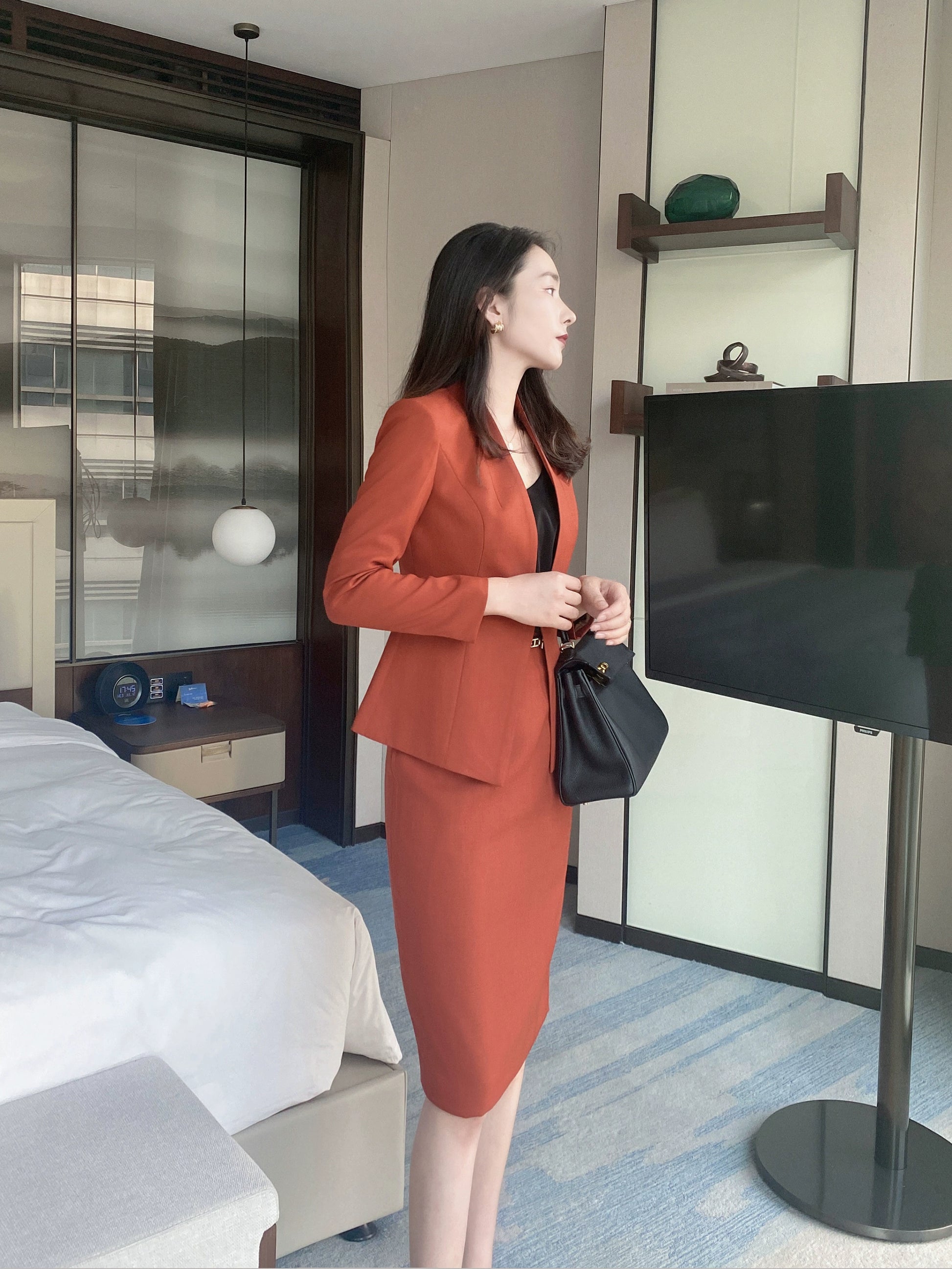 Rust Red Autumn Short Jacket & Pleated Skirt Set – Slim Fit