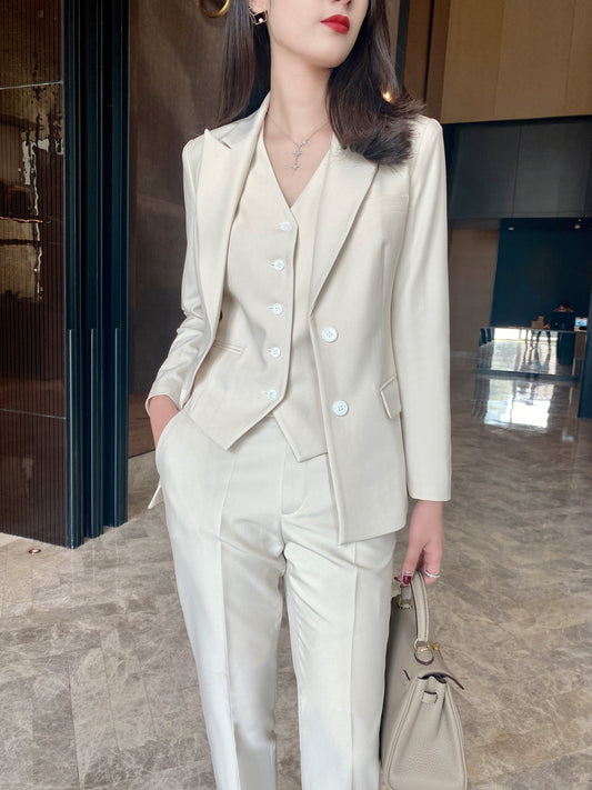 Elegant Oat Autumn Women’s 3‑Piece Suit Vest Trousers Set