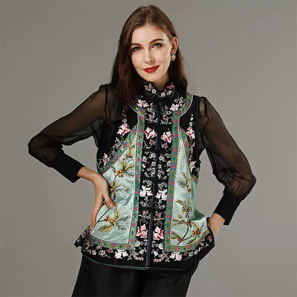 Women's Spring Collared Vest Heavy Embroidery Acetate Satin