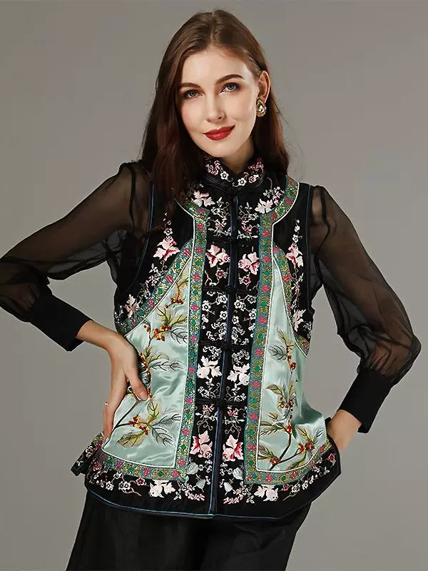 Women's Spring Collared Vest Heavy Embroidery Acetate Satin