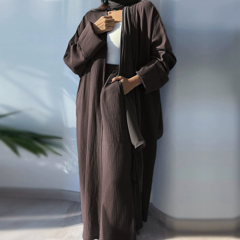 Elegant Arabic Long Set – Blue Skirt, Cardigan & Trousers