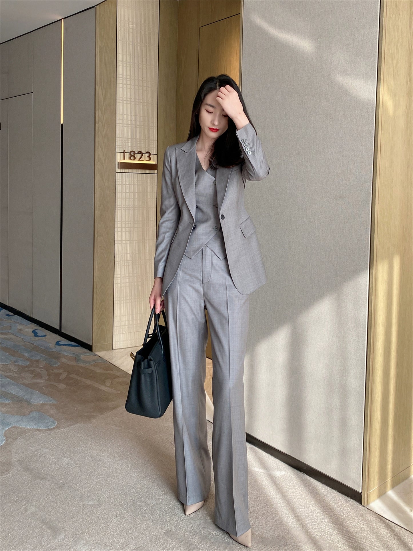 Light Grey Wool Blend Women's Suit Vest & Trousers