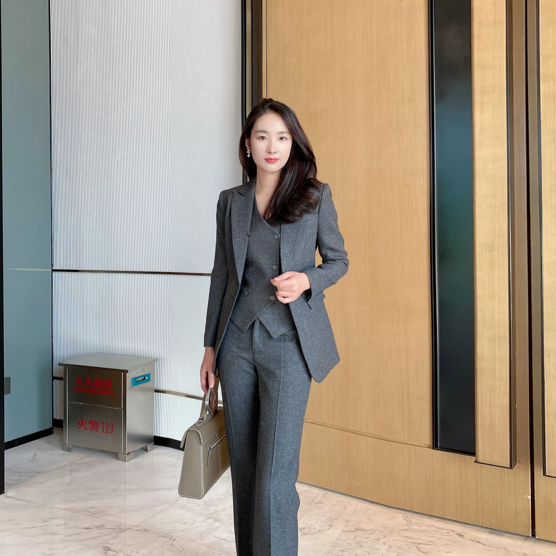 Women's Winter Grey 3‑Piece Classic Suit Set with Thick Jacket