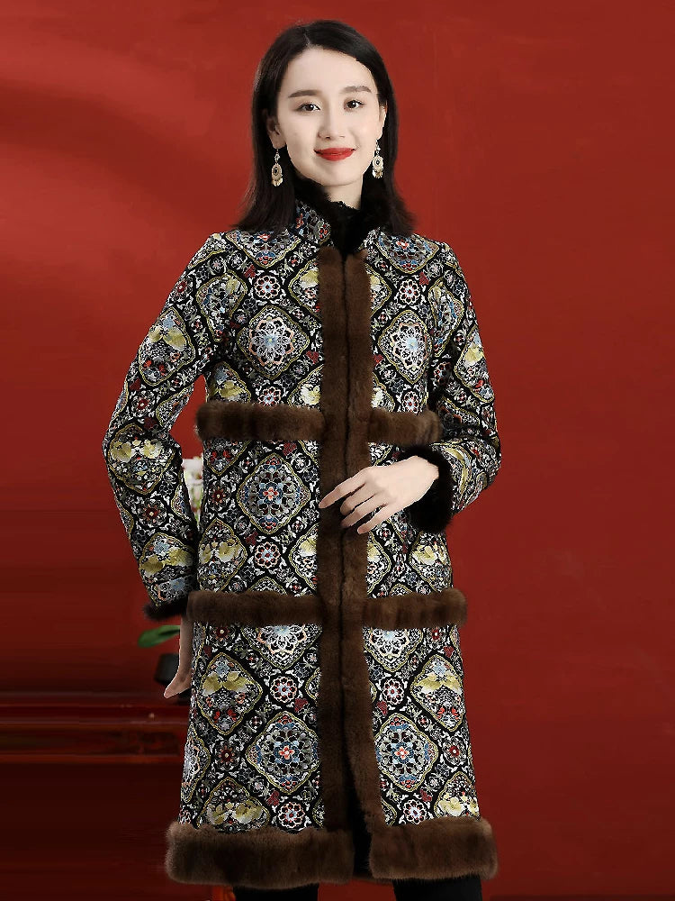 Women's Mid-Length Wool Coat With Vintage Embroidered Chinese Style