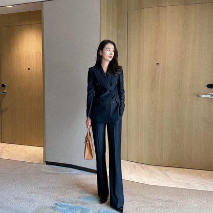 Autumn High-End Black Polyester Suit with Slim Fit Flared Trousers