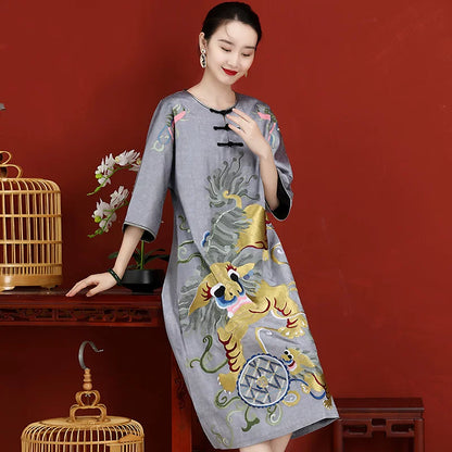 Retro Chinese Style Hand‑Embroidered Maxi Dress Large Size