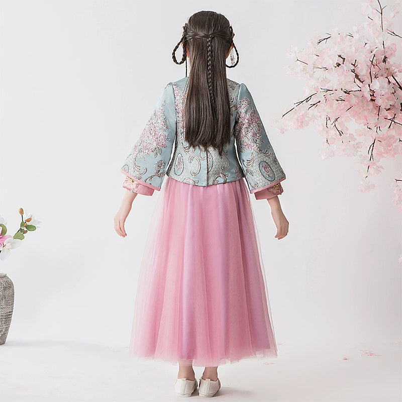 Elite Long Sleeve Children's Hanfu Cheongsam Traditional Wedding Dress Set