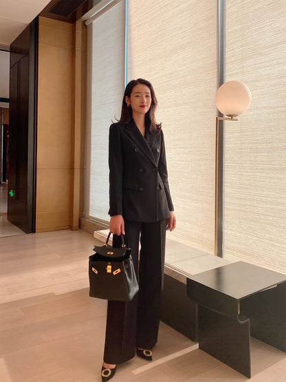 Women's Demi-Season Woolen Suit Jacket & Trousers Set Classic Black