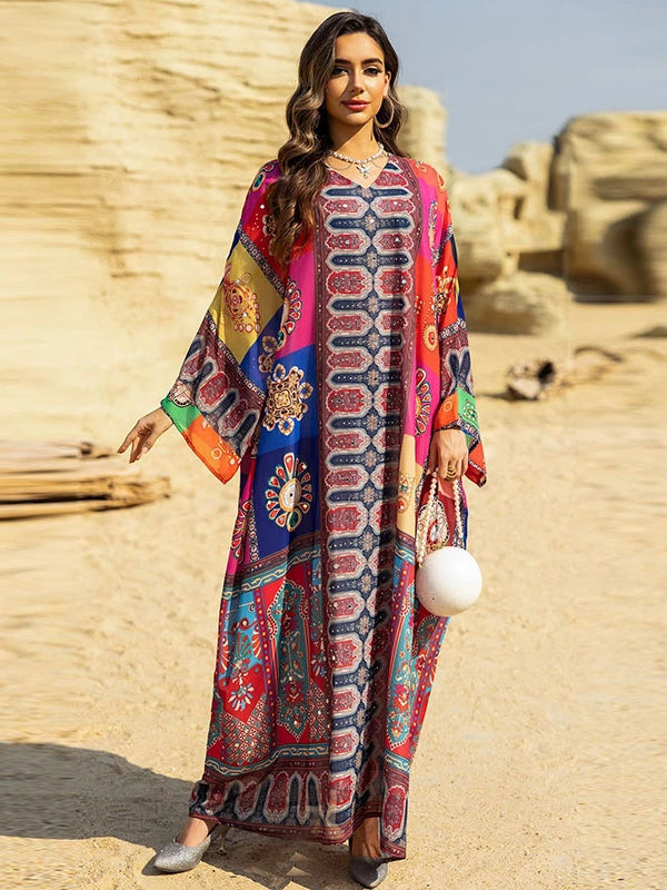 Elegant Ethnic V-Neck Long Skirt Beach Dress Turkish Print