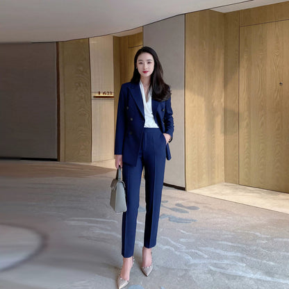Navy Blue Autumn Fitted Classic Suit with Double-Breasted Jacket