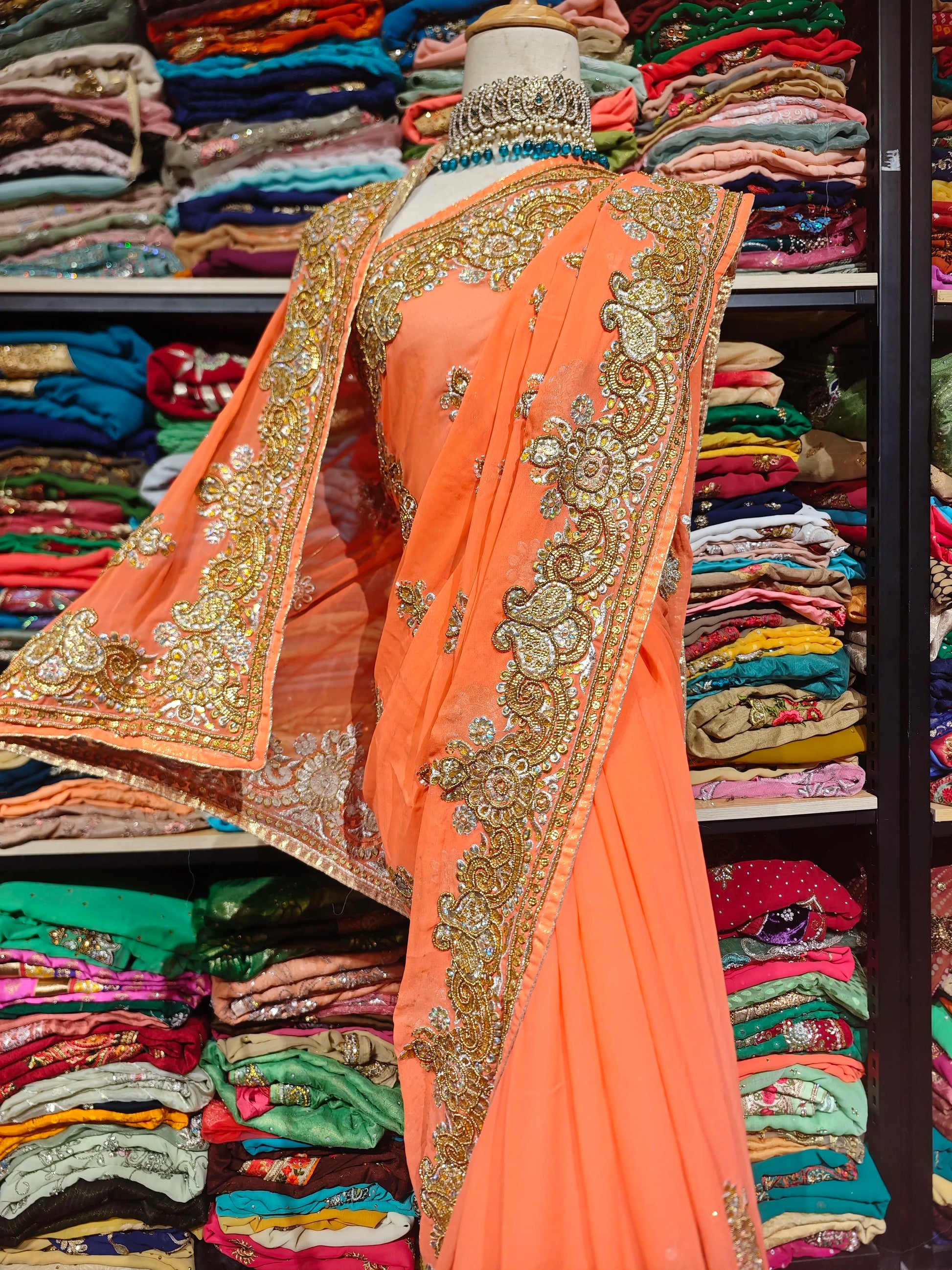 Hand-Embroidered Beaded Orange Saree