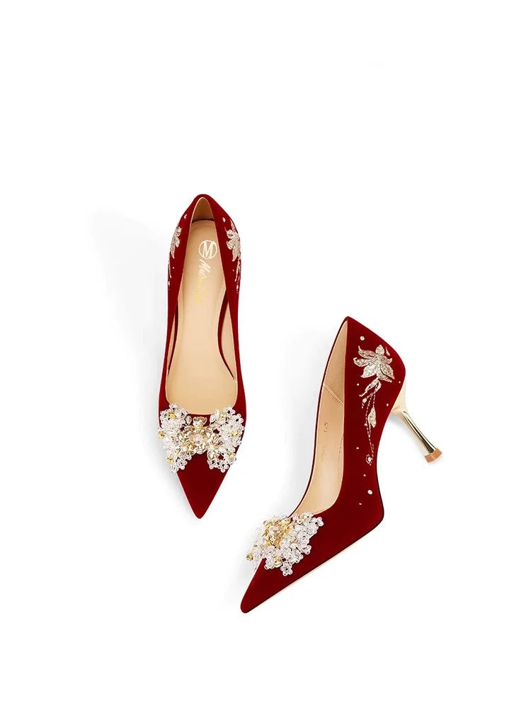 Elegant Red Bridal Wedding Shoes Two‑Way Comfortable Small Stature Heels