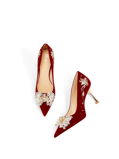Elegant Red Bridal Wedding Shoes Two‑Way Comfortable Small Stature Heels