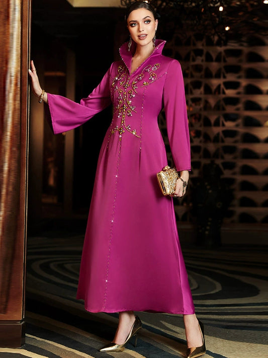 Elegant Rose Pink Long Evening Dress with Crystal Embroidery