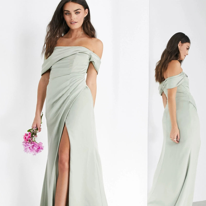 Green, asymmetrical, open shoulders