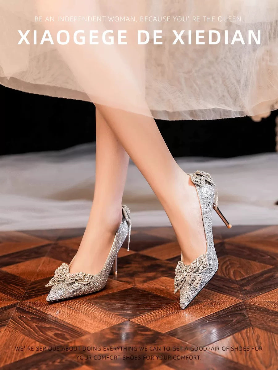 French Style Silver Bridal Wedding Shoes With Crystal Bow 6cm/8cm