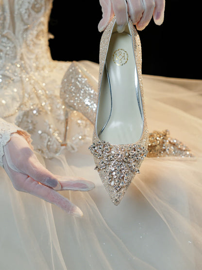 Champagne Gold Bridal Wedding Shoes Two‑Way Crystal High Heel