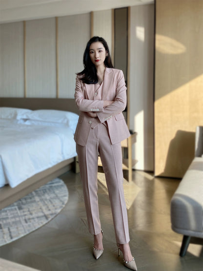 Elegant Flower Gauze Pink 3‑Piece Slim Fit Suit