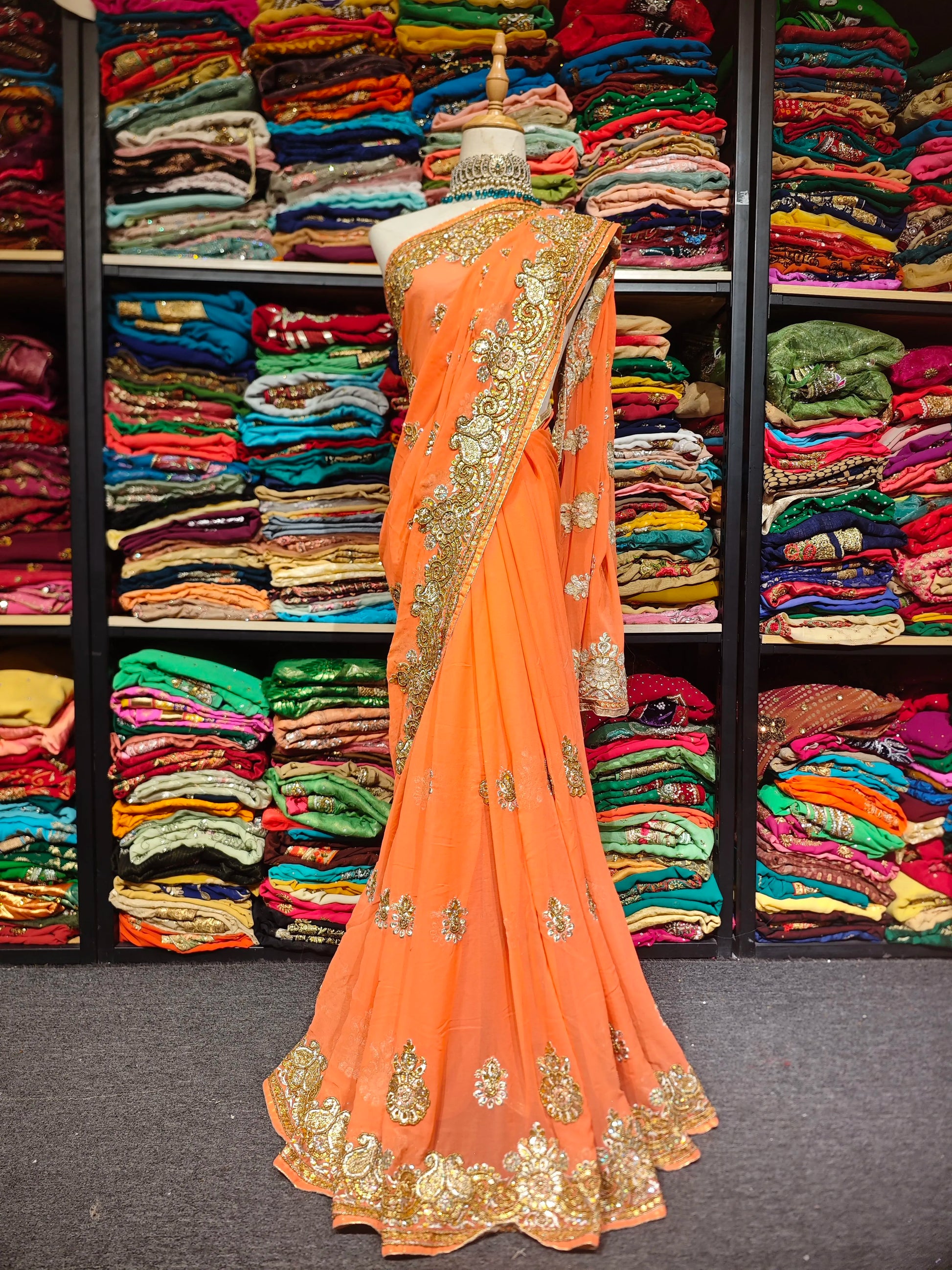Hand-Embroidered Beaded Orange Saree