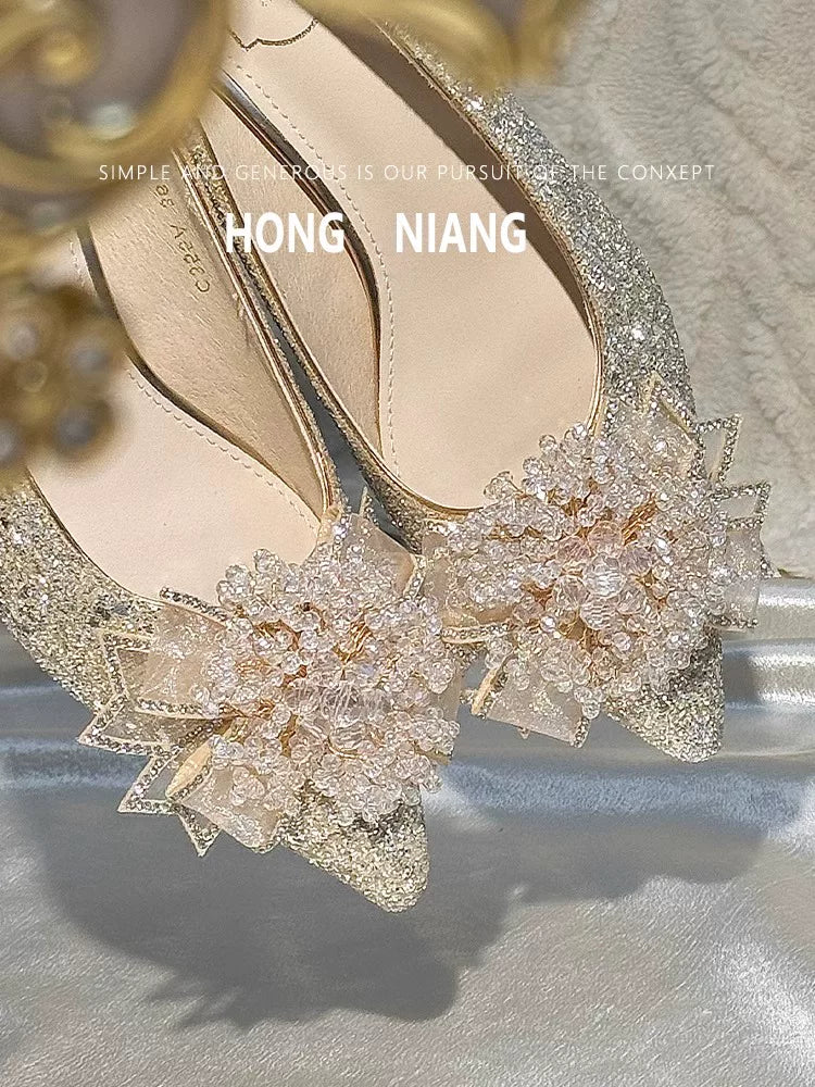Crystal Bridal Wedding Shoes Dual‑Use Sequined Stiletto 3cm Heel