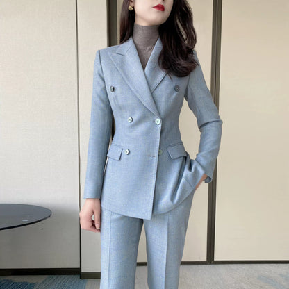 Elegant Blue Wool Suit Jacket with Tailored Winter Trousers