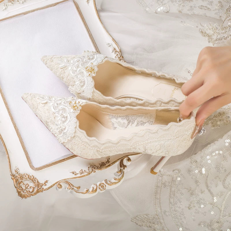 Elegant French Lace Bridal High Heel Shoes White 6cm