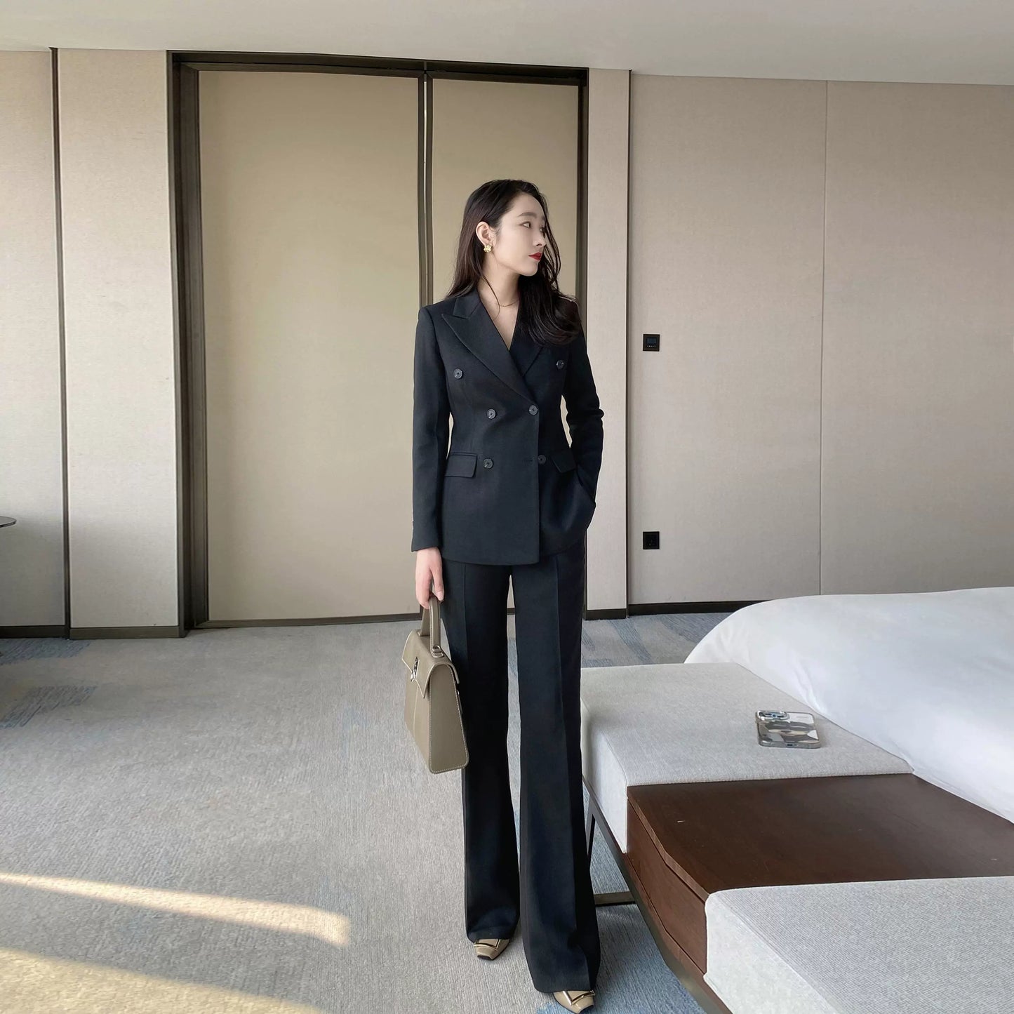 Elegant Black Woolen Winter Suit with Flared Trousers