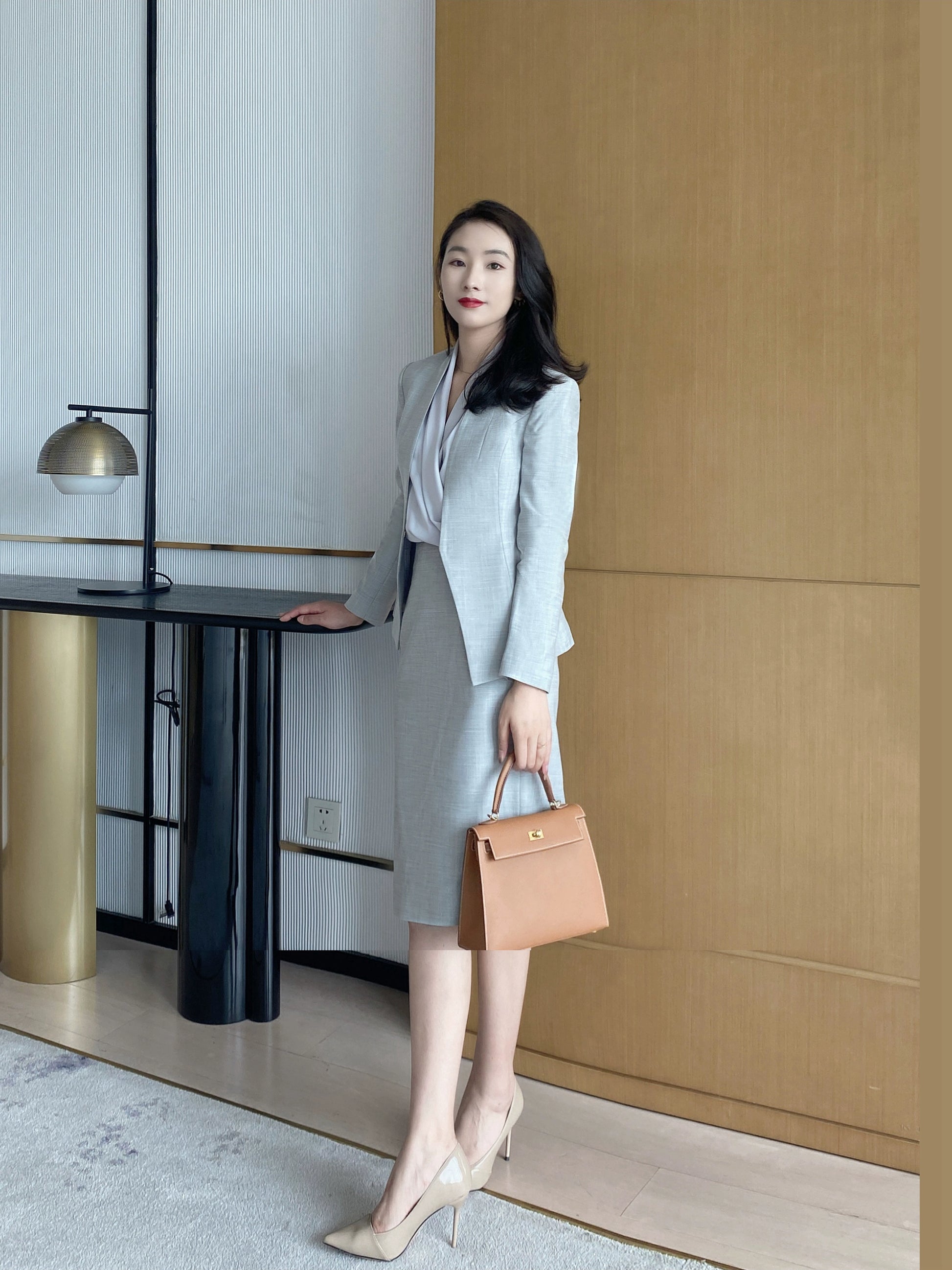 Light Grey Women’s Fitted Business Suit Jacket & Skirt Set