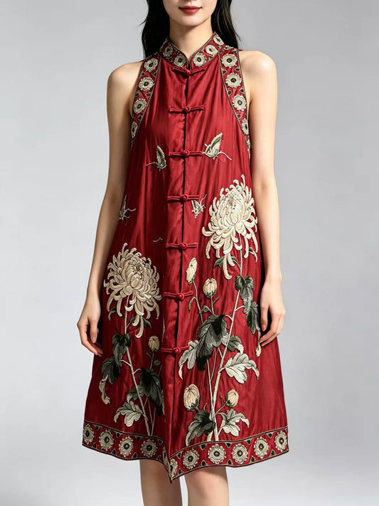 Vintage Chinese Style Tencel Embroidered Mid-Length Plus Size Sleeveless Vest