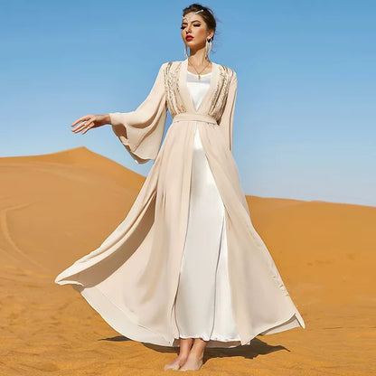 Elegant Autumn Beige Long Shiffon A-Line Dress with Lace Detail