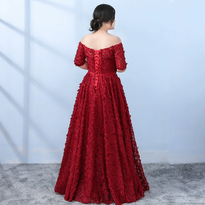 Burgundy Open Shoulder Evening Dress