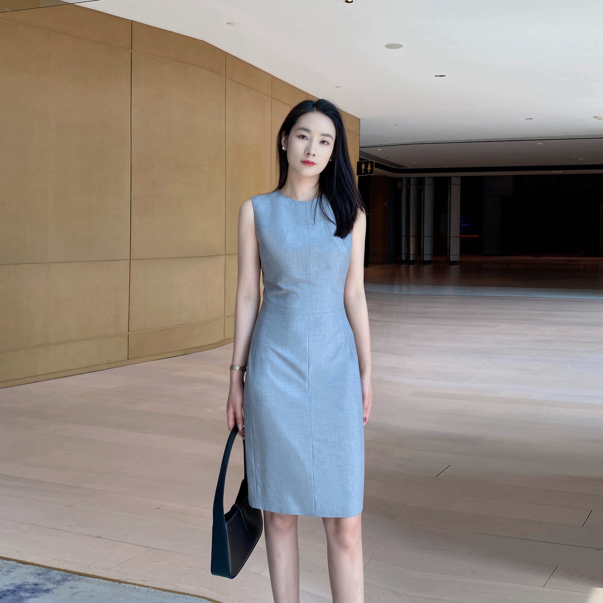 Summer Light Sleeveless Tea Gray Midi Dress for Office