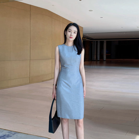 Summer Light Sleeveless Tea Gray Midi Dress for Office