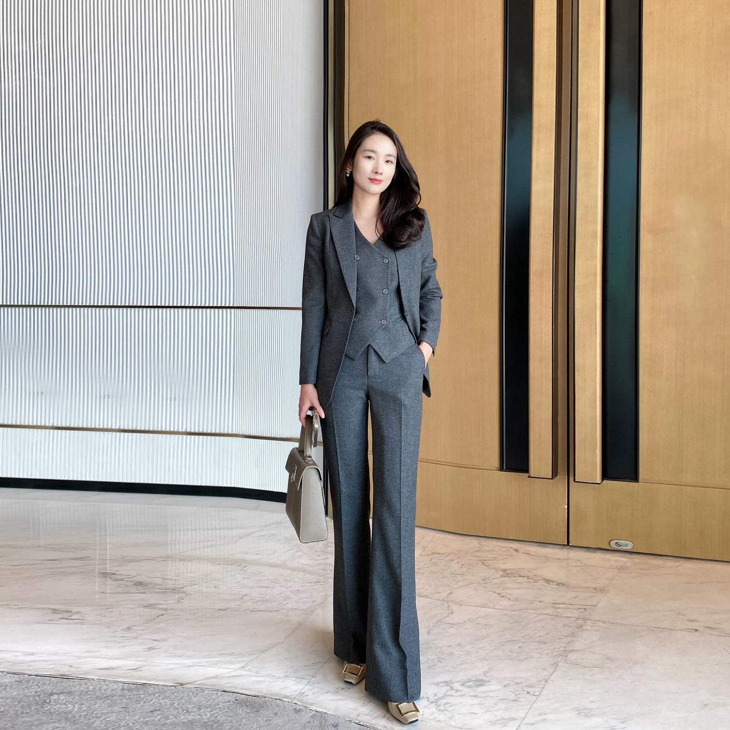 Women's Winter Grey 3‑Piece Classic Suit Set with Thick Jacket