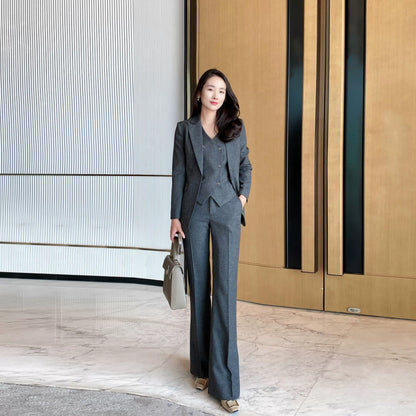 Women's Winter Grey 3‑Piece Classic Suit Set with Thick Jacket