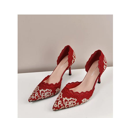 Red Embroidered High Heels for Women 2025 Dual-Wear Bridal Shoes