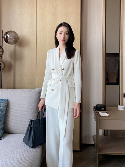 Elegant White Classic Suit Jacket and Trousers Set