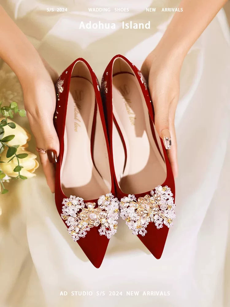 Elegant Red Bridal Wedding Shoes Two‑Way Comfortable Small Stature Heels