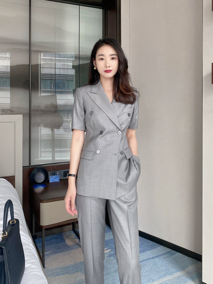 High-End Light Grey Short‑Sleeve Summer Suit Set for Office