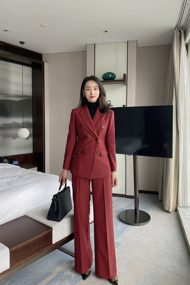 Demi-season Burgundy Women’s Suit Set – Slim Fit Jacket & Trousers