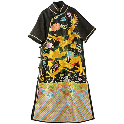Custom Chinese Style Qipao Dress, Loose Hand‑Embroidered Dragon, Black