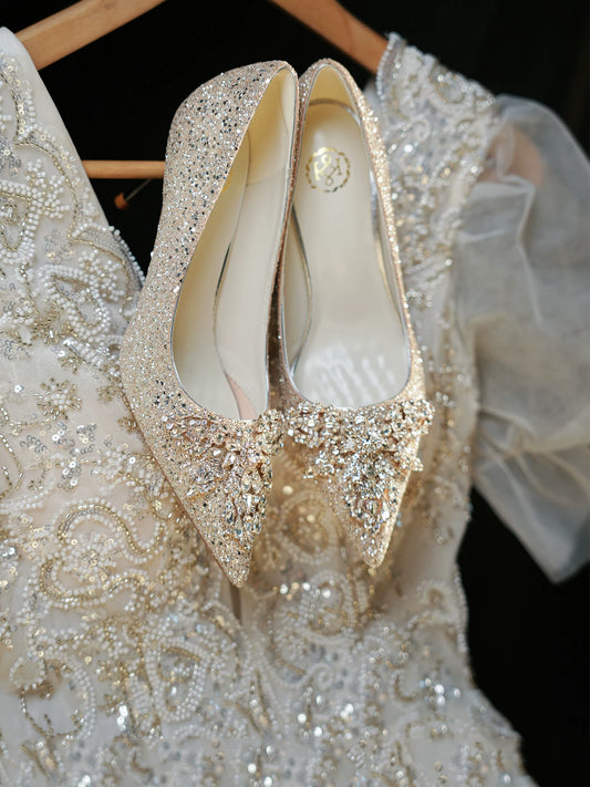 Champagne Gold Bridal Wedding Shoes Two‑Way Crystal High Heel